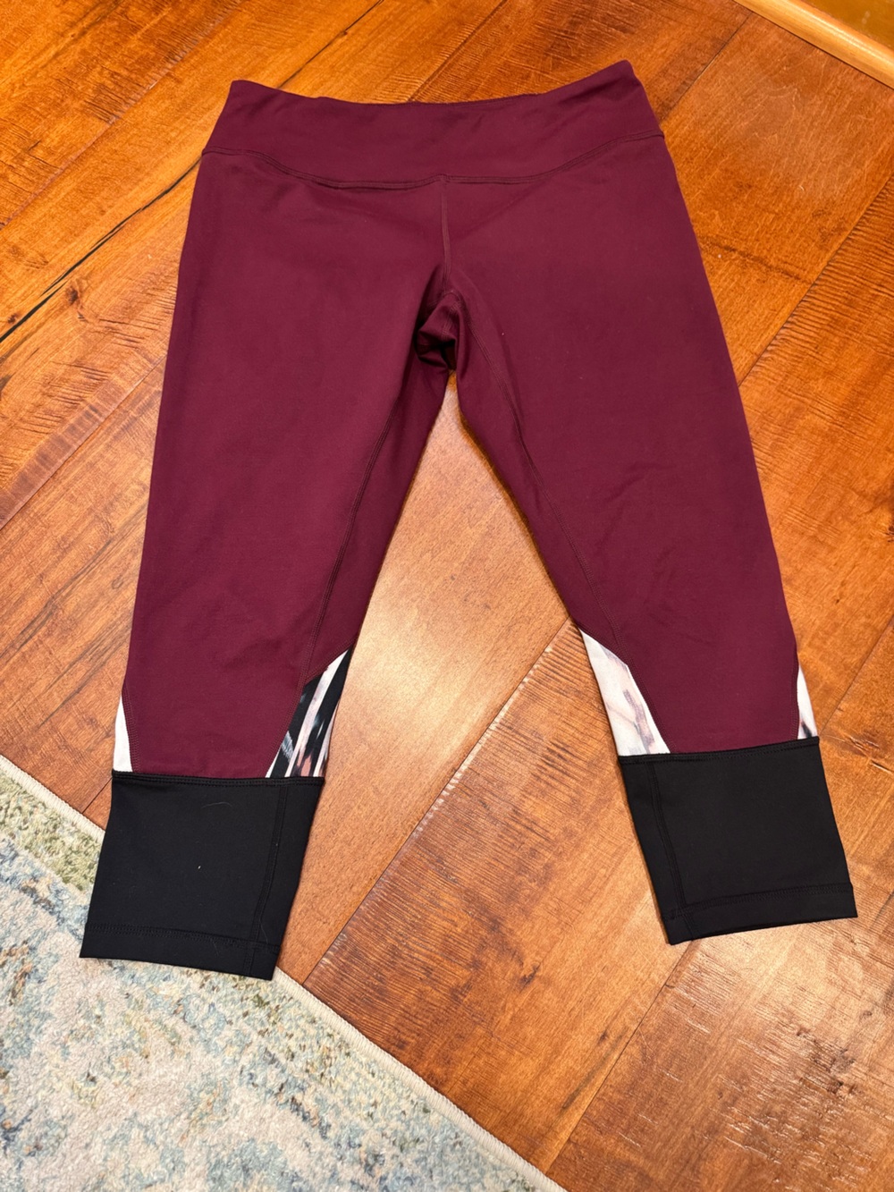 Zella Burgundy and Black Cropped Leggings with Patterned Side Insets